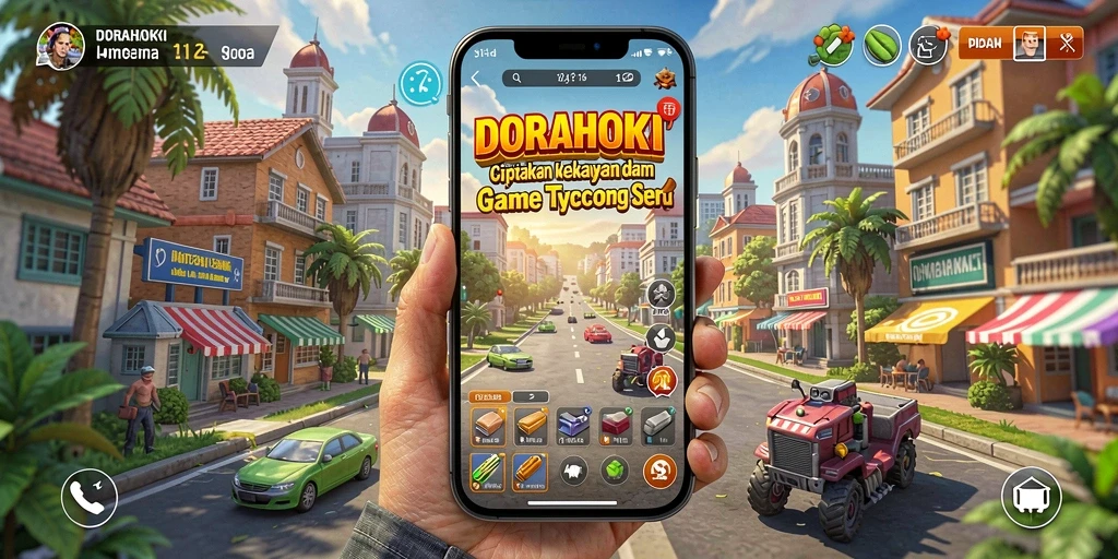 Tampilan gameplay <strong>DORAHOKI</strong> dengan berbagai bisnis yang dikelola secara detail.