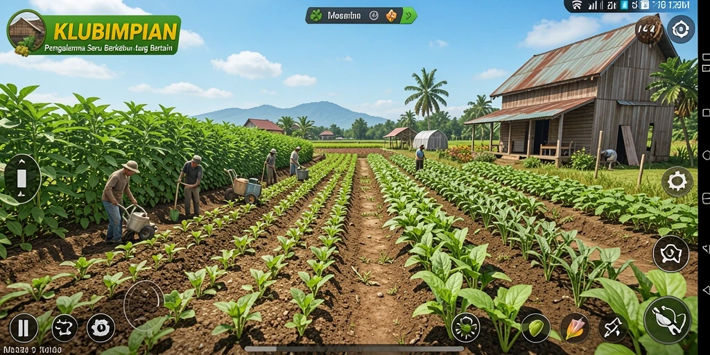 Screenshot gameplay KLUBIMPIAN yang menampilkan aktivitas berkebun.