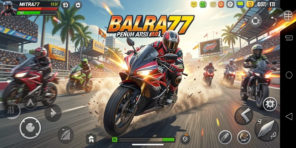 Tampilan gameplay balapan motor yang mendebarkan di MITRA77.