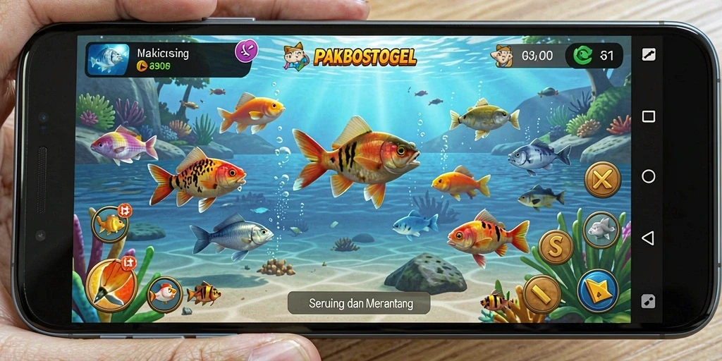 Gameplay seru PAKBOSTOGEL saat memancing ikan di danau.