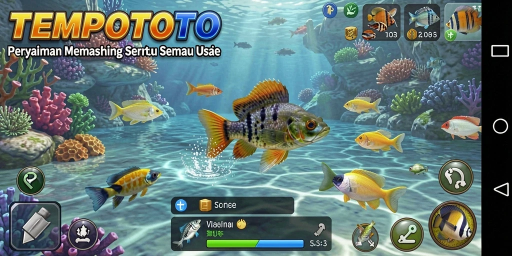 Screenshot gameplay TEMPOTOTO yang menunjukkan aksi memancing di danau